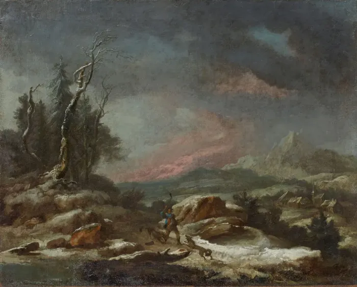 Framed Print : Winter landscape with a walker in the fight against wolves, 1771 Framed Print : Winter landscape with a walker in the fight against wolves, 1771
