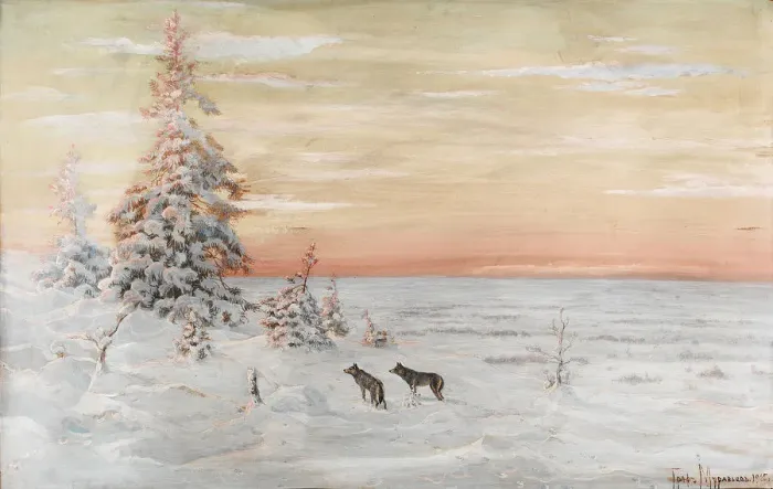 Framed Print : Winter Landscape with wolves, 1915. Artist: Muravyov, Count Vladimir Leonidovich (1861-1940) Framed Print : Winter Landscape with wolves, 1915. Artist: Muravyov, Count Vladimir Leonidovich (1861-1940)