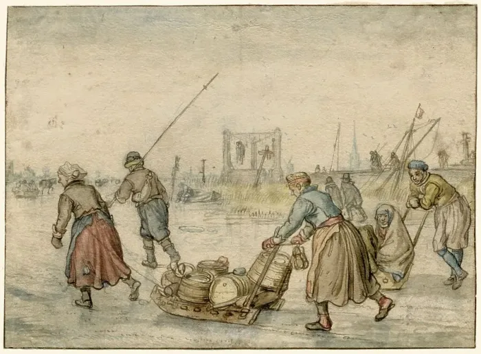 Framed Print : Winter Landscape with Two Women and a Sledge and Other Figures on the Ice, a Gallows...c.1620-c.1625 Creator: Hendrick Avercamp Framed Print : Winter Landscape with Two Women and a Sledge and Other Figures on the Ice, a Gallows...c.1620-c.1625 Creator: Hendrick Avercamp