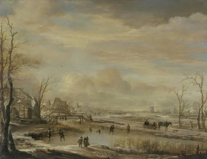 Framed Print : Winter landscape with a woodend bridge near some houses, between c1650 and c1660. Creator: Aert van der Neer Framed Print : Winter landscape with a woodend bridge near some houses, between c1650 and c1660. Creator: Aert van der Neer