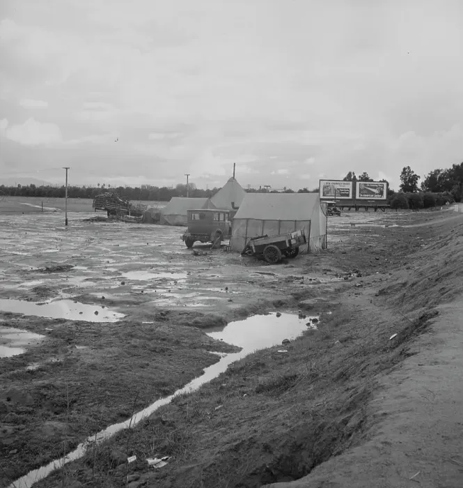 Framed Print : Winter quarters, migratory agricultural workers, beside the highway, Tulare County, 1939. Creator: Dorothea Lange Framed Print : Winter quarters, migratory agricultural workers, beside the highway, Tulare County, 1939. Creator: Dorothea Lange