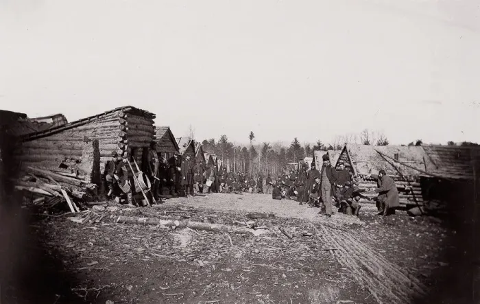 Framed Print : [Winter Quarters, troops with row of cabins]. Brady album, p. 128, 1861-65