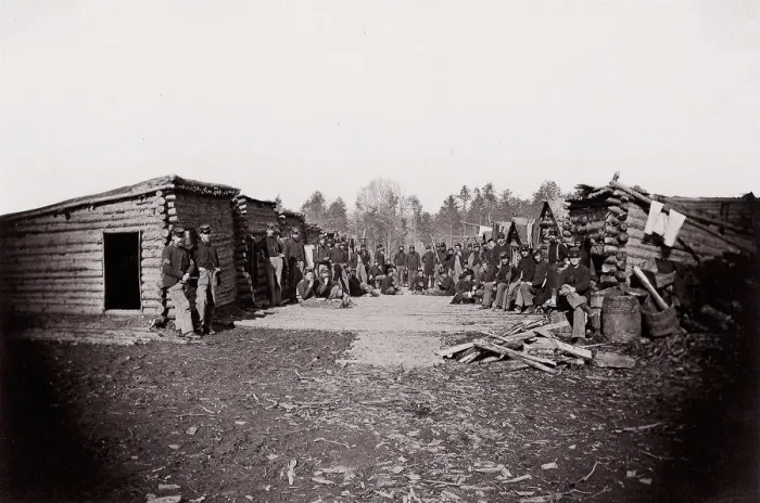Framed Print : [Winter Quarters, troops with row of cabins]. Brady album, p. 128, 1861-65