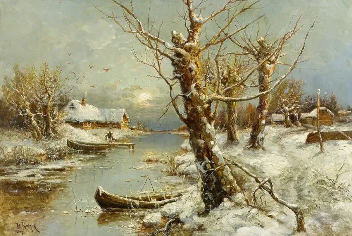 Framed Print : Winter River Landscape, 1897. Artist: Klever, Juli Julievich (Julius), von (1850-1924) Framed Print : Winter River Landscape, 1897. Artist: Klever, Juli Julievich (Julius), von (1850-1924)