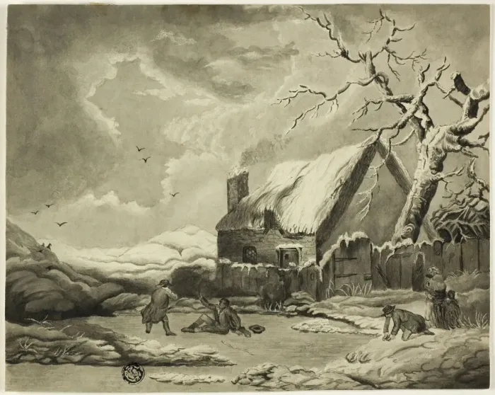 Framed Print : Winter Scene with People Outside a Cottage Near a Pond, n. d. Creator: Unknown Framed Print : Winter Scene with People Outside a Cottage Near a Pond, n. d. Creator: Unknown