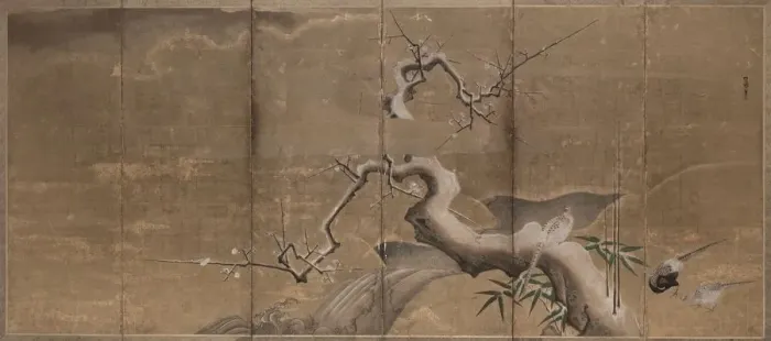 Framed Print : Winter Scene with Plum Trees and Pheasants, early 1600s. Creator: Kano Naonobu (Japanese Framed Print : Winter Scene with Plum Trees and Pheasants, early 1600s. Creator: Kano Naonobu (Japanese
