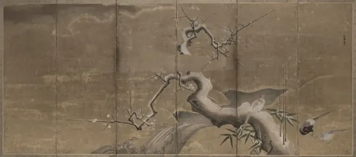 Framed Print : Winter Scene with Plum Trees and Pheasants (Birds Left), early 1600s. Creator: Kano Naonobu Framed Print : Winter Scene with Plum Trees and Pheasants (Birds Left), early 1600s. Creator: Kano Naonobu