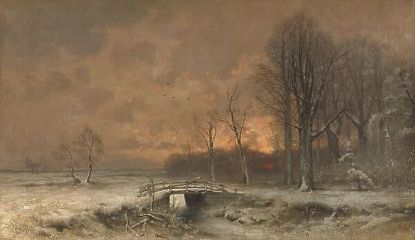Winter Scene with the Sun Setting Behind Trees, 1880-1930. Creator: Louis Apol