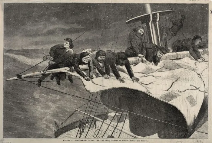 Framed Print : Winter at Sea - Taking in Sail Off the Coast, 1869. Creator: Winslow Homer (American, 1836-1910) Framed Print : Winter at Sea - Taking in Sail Off the Coast, 1869. Creator: Winslow Homer (American, 1836-1910)