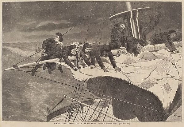 Winter at Sea - Taking in Sail Off the Coast, published 1869. Creator: Winslow Homer