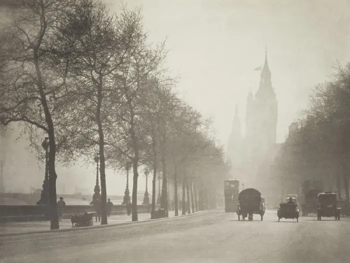 Framed Print : Winter sunshine, Victoria embankment. From the album: Photograph album - London, 1920s. Creator: Harry Moult Framed Print : Winter sunshine, Victoria embankment. From the album: Photograph album - London, 1920s. Creator: Harry Moult