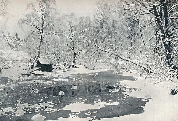 Winter view of the open-air museum at Skansen, c1900