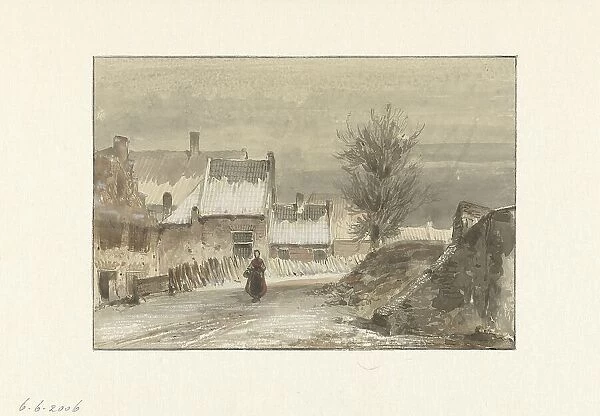 Winter view with a woman standing on the ice, 1829-1866. Creator: Johannes Franciscus Hoppenbrouwers