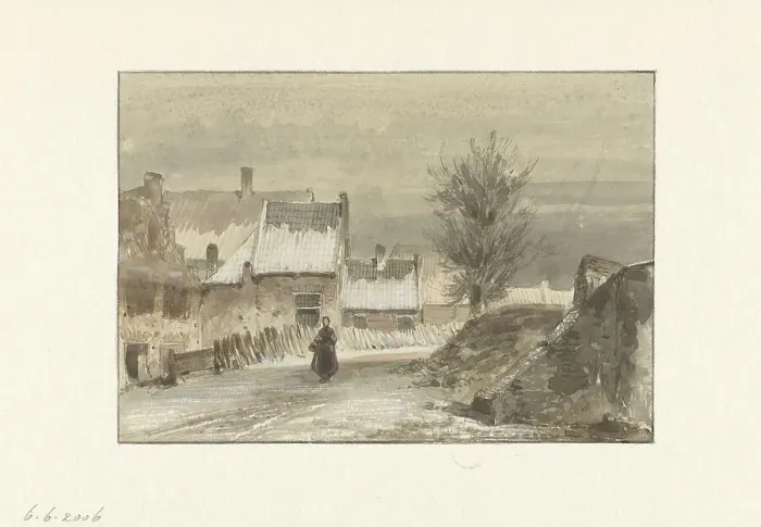 Framed Print : Winter view with a woman standing on the ice, 1829-1866. Creator: Johannes Franciscus Hoppenbrouwers Framed Print : Winter view with a woman standing on the ice, 1829-1866. Creator: Johannes Franciscus Hoppenbrouwers