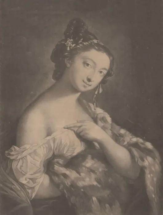 Framed Print : Winter: a woman holding a spotted fur mantle, 1775. Creator: Richard Houston Framed Print : Winter: a woman holding a spotted fur mantle, 1775. Creator: Richard Houston
