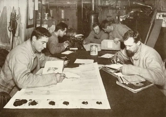 Framed Print : Winter Work (Left to right - Debenham, Cherry-Garrard, Bowers, Evans, Taylor), c1911, (1913) Framed Print : Winter Work (Left to right - Debenham, Cherry-Garrard, Bowers, Evans, Taylor), c1911, (1913)