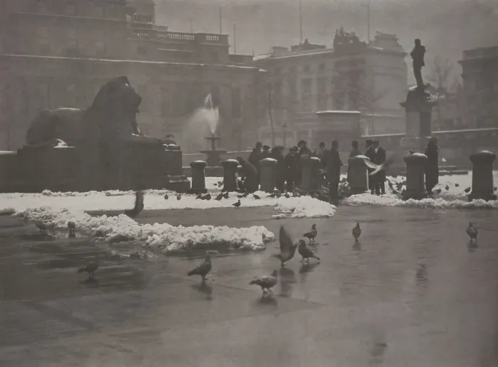 Framed Print : Winter's bite, Trafalgar Square, 1920s. Creator: Harry Moult Framed Print : Winter's bite, Trafalgar Square, 1920s. Creator: Harry Moult