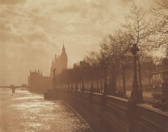 Framed Print : Winter's mood Victoria embankment. From the album: Photograph album - London, 1920s. Creator: Harry Moult Framed Print : Winter's mood Victoria embankment. From the album: Photograph album - London, 1920s. Creator: Harry Moult
