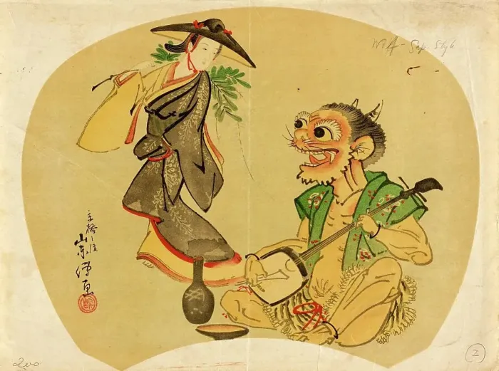 Framed Print : Wisteria Maiden Dancing for a Demon with a Samisen, late 18th-early 19th century. Creator: Kitao Masanobu Framed Print : Wisteria Maiden Dancing for a Demon with a Samisen, late 18th-early 19th century. Creator: Kitao Masanobu
