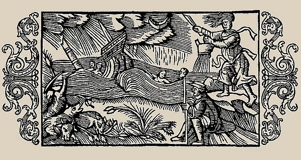 Witch unleashing storm. From 'History of Northern Peoples' by Olaus Magnus, Archbishop..., 1555. Creator: Anonymous. Witch unleashing storm. From 'History of Northern Peoples' by Olaus Magnus, Archbishop..., 1555. Creator: Anonymous