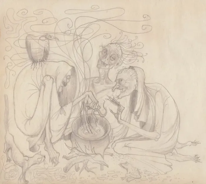 Framed Print : Three witches, c1950. Creator: Shirley Markham Framed Print : Three witches, c1950. Creator: Shirley Markham