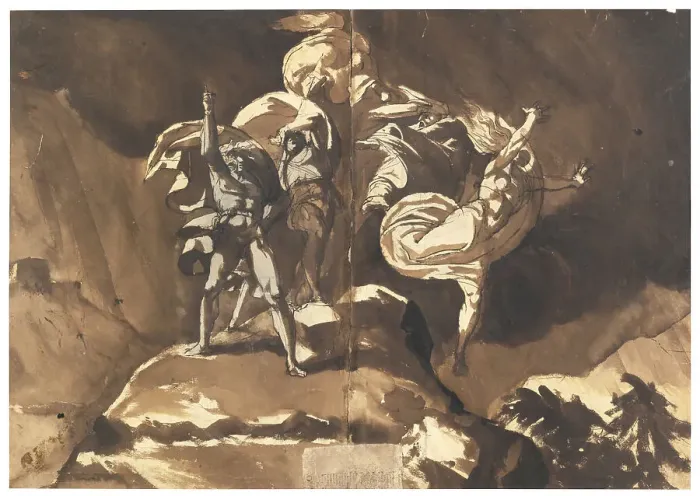 Framed Print : The Witches Floating Above Macbeth and Banquo. Artist: Fussli (Fuseli), Johann Heinrich (1741-1825) Framed Print : The Witches Floating Above Macbeth and Banquo. Artist: Fussli (Fuseli), Johann Heinrich (1741-1825)