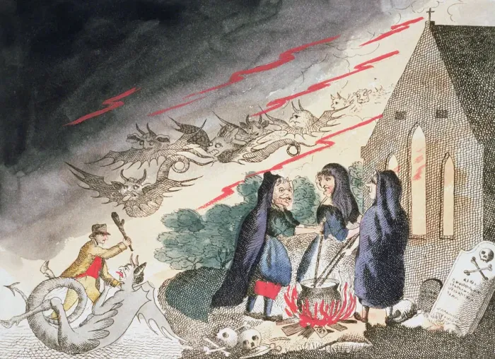 Framed Print : Three witches in a graveyard, c1790s Framed Print : Three witches in a graveyard, c1790s
