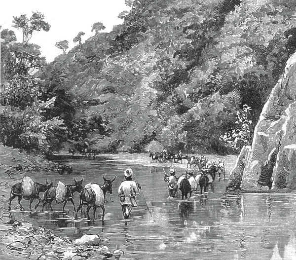 'With the Chin-Lushai Expeditionary Force; A Mule Convoy crossing the Loung-Gut-Choung Stream, 189 Creator: Unknown