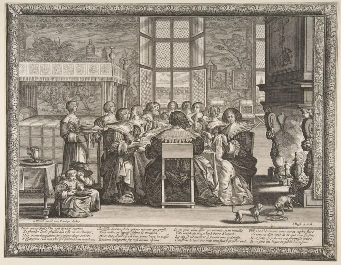 Framed Print : Wives at Table During the Absence of Their Husbands, ca. 1635-36. Creator: Abraham Bosse