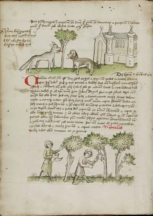 Framed Print : A Wolf and a Dog under a Tree: Two Men Chopping Trees; Fables, third quarter of 15th century. Creator: Unknown Framed Print : A Wolf and a Dog under a Tree: Two Men Chopping Trees; Fables, third quarter of 15th century. Creator: Unknown