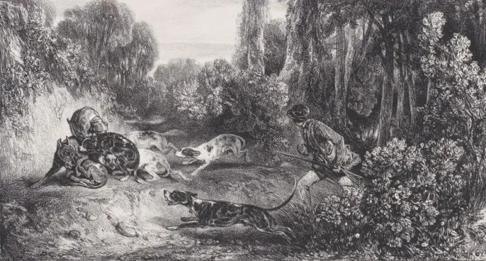 Framed Print : Wolf Hunt: Wounded Animal Attacked by Dogs, from the series Hunting Scenes, 1829 Framed Print : Wolf Hunt: Wounded Animal Attacked by Dogs, from the series Hunting Scenes, 1829