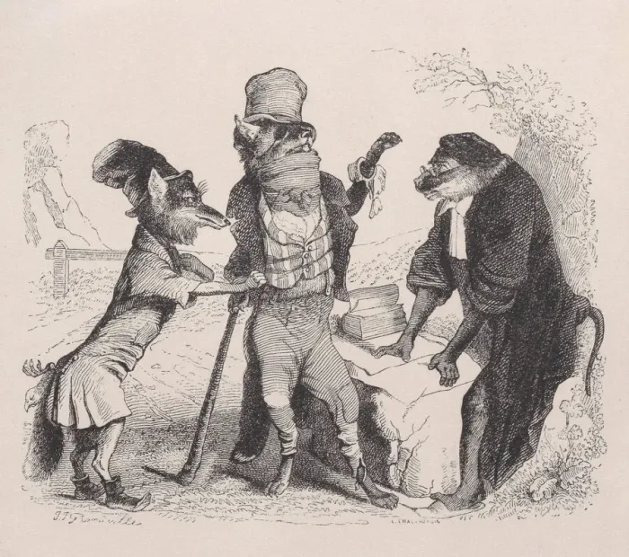 Framed Print : The Wolf pleading against the Fox, in front of the Monkey, ca. 1838 Framed Print : The Wolf pleading against the Fox, in front of the Monkey, ca. 1838