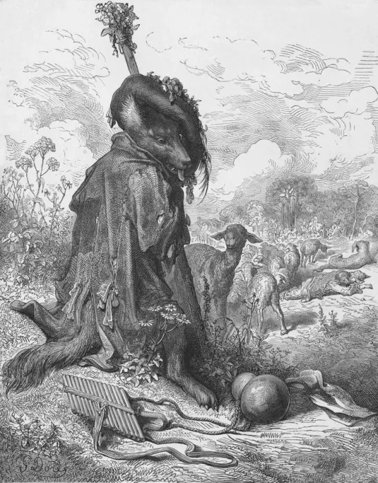 Framed Print : The Wolf Turned Shepherd, 1870. Artist: Antoine Valerie Bertrand Framed Print : The Wolf Turned Shepherd, 1870. Artist: Antoine Valerie Bertrand