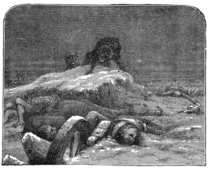Framed Print : Wolves on the Battle-Field, from Mrs. Howitt's Songs of Animal Life, 1872. Creator: Jonnard Framed Print : Wolves on the Battle-Field, from Mrs. Howitt's Songs of Animal Life, 1872. Creator: Jonnard