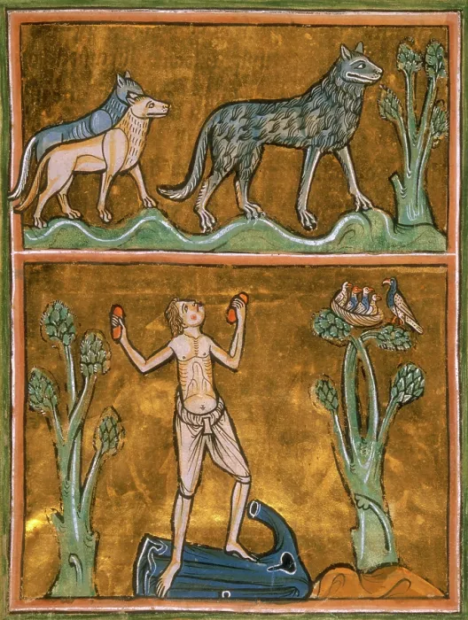 Framed Print : Wolves and semi-naked man, c1230. Creator: Unknown Framed Print : Wolves and semi-naked man, c1230. Creator: Unknown