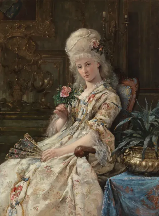 Framed Print : Woman in 18th century costume, (woman holding a rose), 1884. Creator: Erik Johan Lofgren Framed Print : Woman in 18th century costume, (woman holding a rose), 1884. Creator: Erik Johan Lofgren