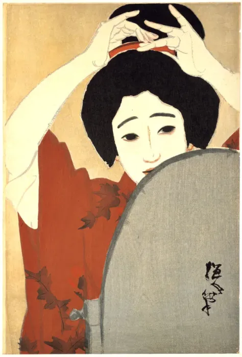 Framed Print : Woman Adjusting Her Hair in Front of the Mirror, 1930. Artist: Kitano Tsunetoni Framed Print : Woman Adjusting Her Hair in Front of the Mirror, 1930. Artist: Kitano Tsunetoni