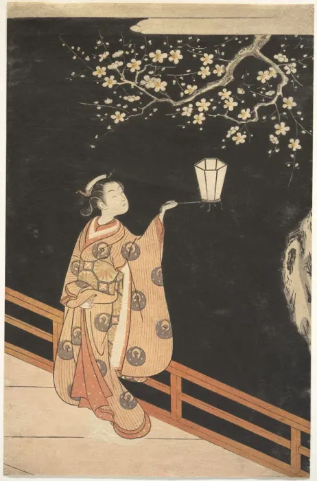 Framed Print : Woman Admiring Plum Blossoms at Night Framed Print : Woman Admiring Plum Blossoms at Night