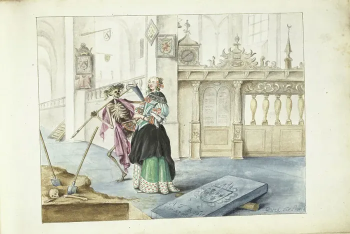 Framed Print : Woman (Aeltien?) standing next to death in St Michael's Church, Zwolle, c.1671. Creator: Gesina ter Borch Framed Print : Woman (Aeltien?) standing next to death in St Michael's Church, Zwolle, c.1671. Creator: Gesina ter Borch