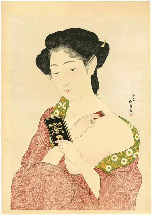 Framed Print : Woman applying makeup, 1918. Creator: Hashiguchi, Goyo (1881-1921) Framed Print : Woman applying makeup, 1918. Creator: Hashiguchi, Goyo (1881-1921)