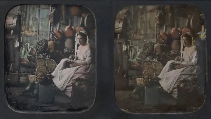 Framed Print : [Woman in Apron and Bonnet Grinding Coffee in Kitchen Setting], 1850s. Creator: Unknown