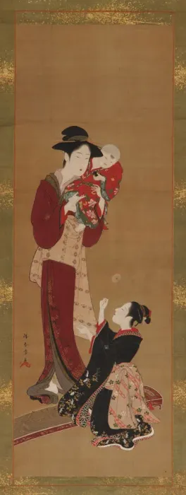 Framed Print : Woman, a baby and a young girl, 1726-1868. Creator: Shunsho Framed Print : Woman, a baby and a young girl, 1726-1868. Creator: Shunsho