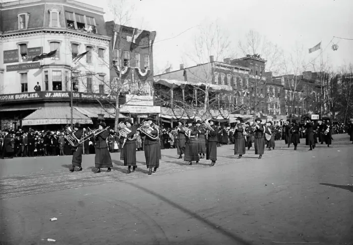 Framed Print : Woman band - Suffrage parade, 1913. Creator: Bain News Service Framed Print : Woman band - Suffrage parade, 1913. Creator: Bain News Service