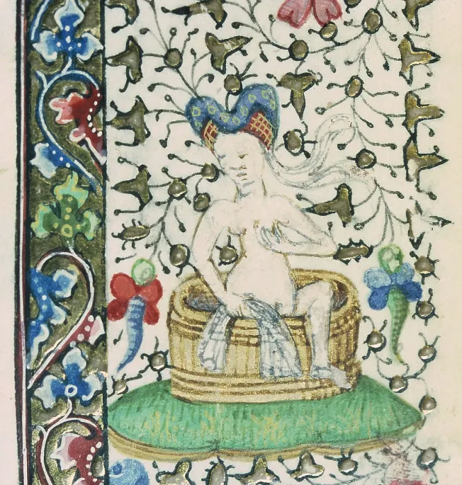 Framed Print : Woman in the bath. Miniature from Horae ad usum Lexoviensem, 1433-1466. Creator: Anonymous master Framed Print : Woman in the bath. Miniature from Horae ad usum Lexoviensem, 1433-1466. Creator: Anonymous master