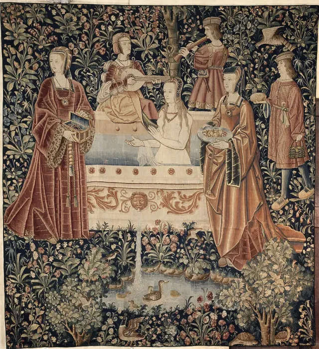 Framed Print : Woman Bathing surrounded by Attendants (Tapestry series La Vie Seigneuriale), c. 1500. Artist: Anonymous master Framed Print : Woman Bathing surrounded by Attendants (Tapestry series La Vie Seigneuriale), c. 1500. Artist: Anonymous master