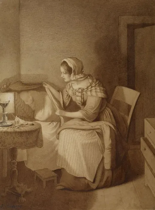 Framed Print : Woman Beside Bed of Sick Chid, 1840-1850. Creator: August Hunger