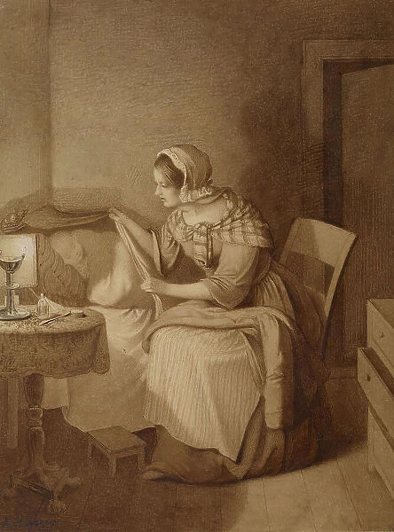 Woman Beside Bed of Sick Chid, 1840-1850. Creator: August Hunger