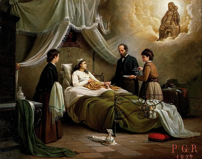 Framed Print : A woman in bed in a sick-room, attended by a physician, receiving the blessing of the... 1872. Creators: Unknown, R Pistoni Framed Print : A woman in bed in a sick-room, attended by a physician, receiving the blessing of the... 1872. Creators: Unknown, R Pistoni