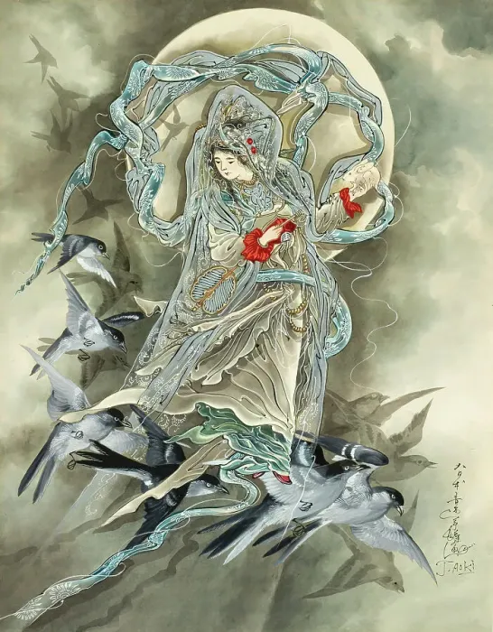 Framed Print : Woman with Birds, 1890s. Creator: Toshio Aoki Framed Print : Woman with Birds, 1890s. Creator: Toshio Aoki