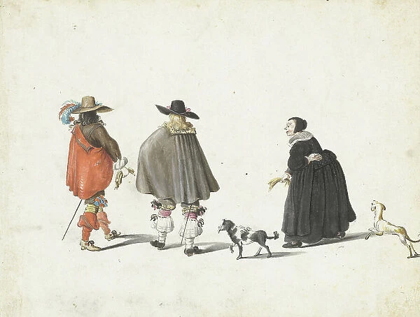 Woman in black, accompanied by two dogs, talking with two gentlemen, 1654-1655. Creator: Gesina ter Borch